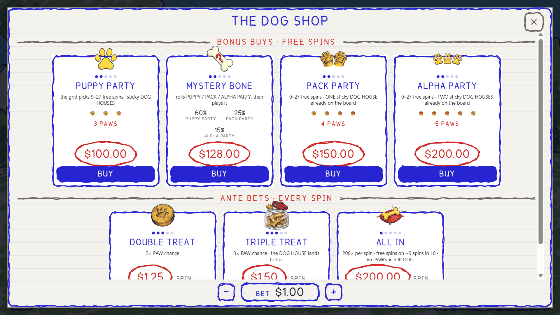 Big Dogs bonus buy menu