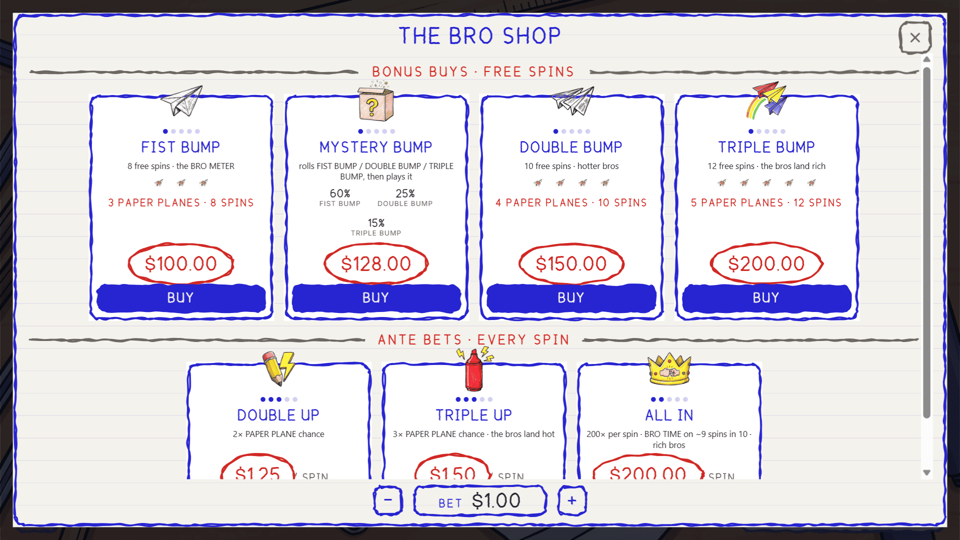 Bro Bump bonus buy menu