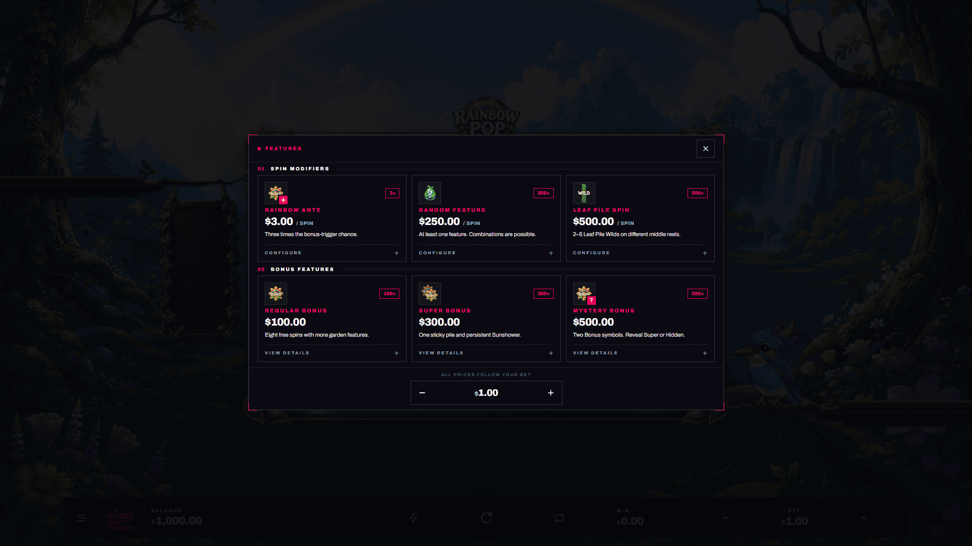 Rainbow Pop bonus buy menu