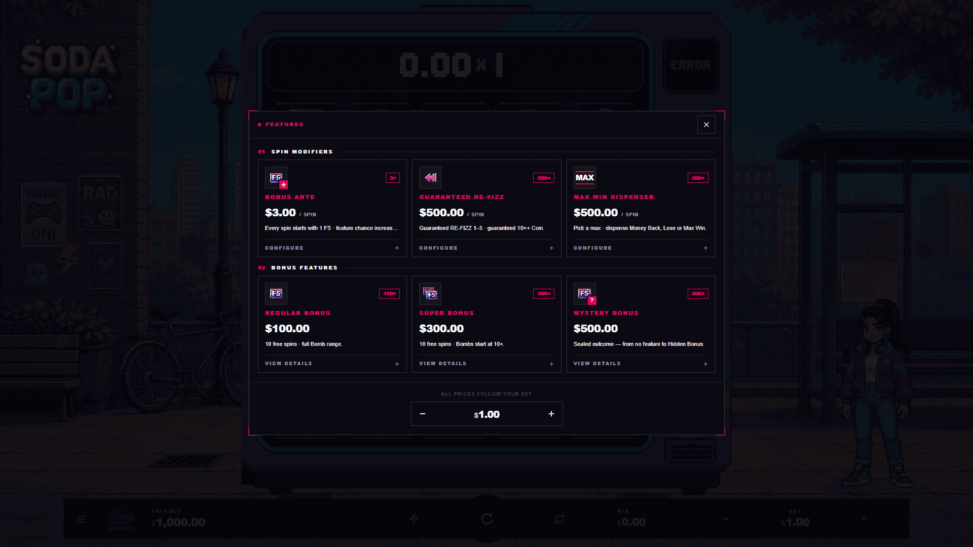 Soda Pop bonus buy menu
