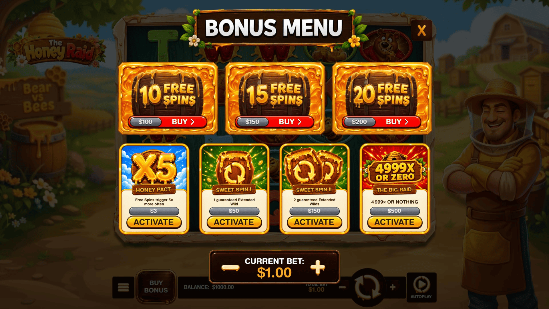 Honey Raid bonus buy menu