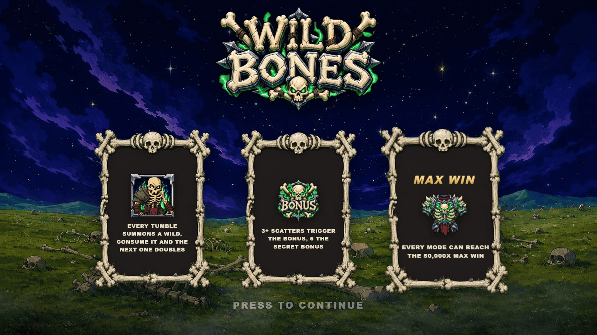 Wild Bones slot intro screen