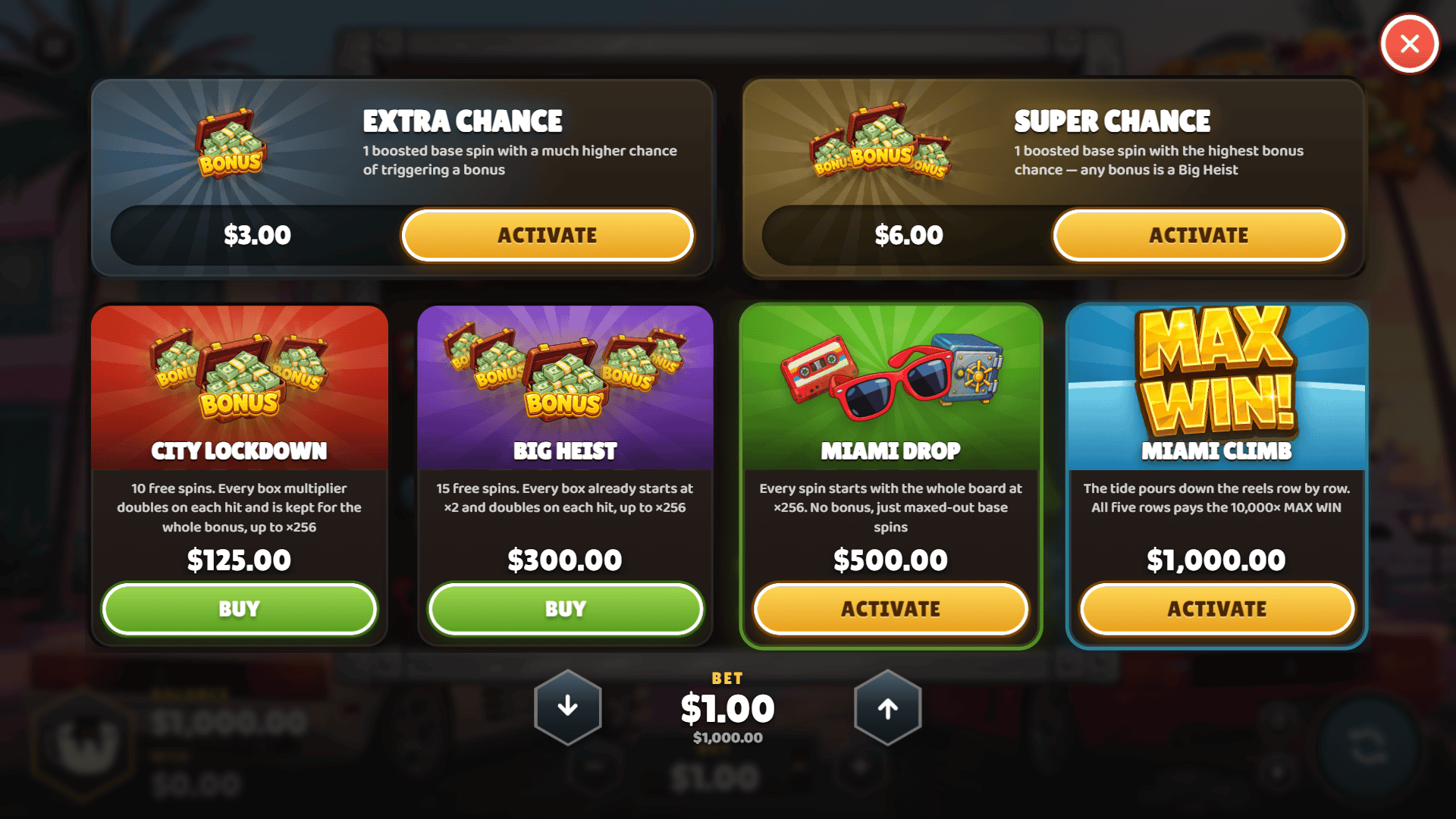 Miami Heist bonus buy menu