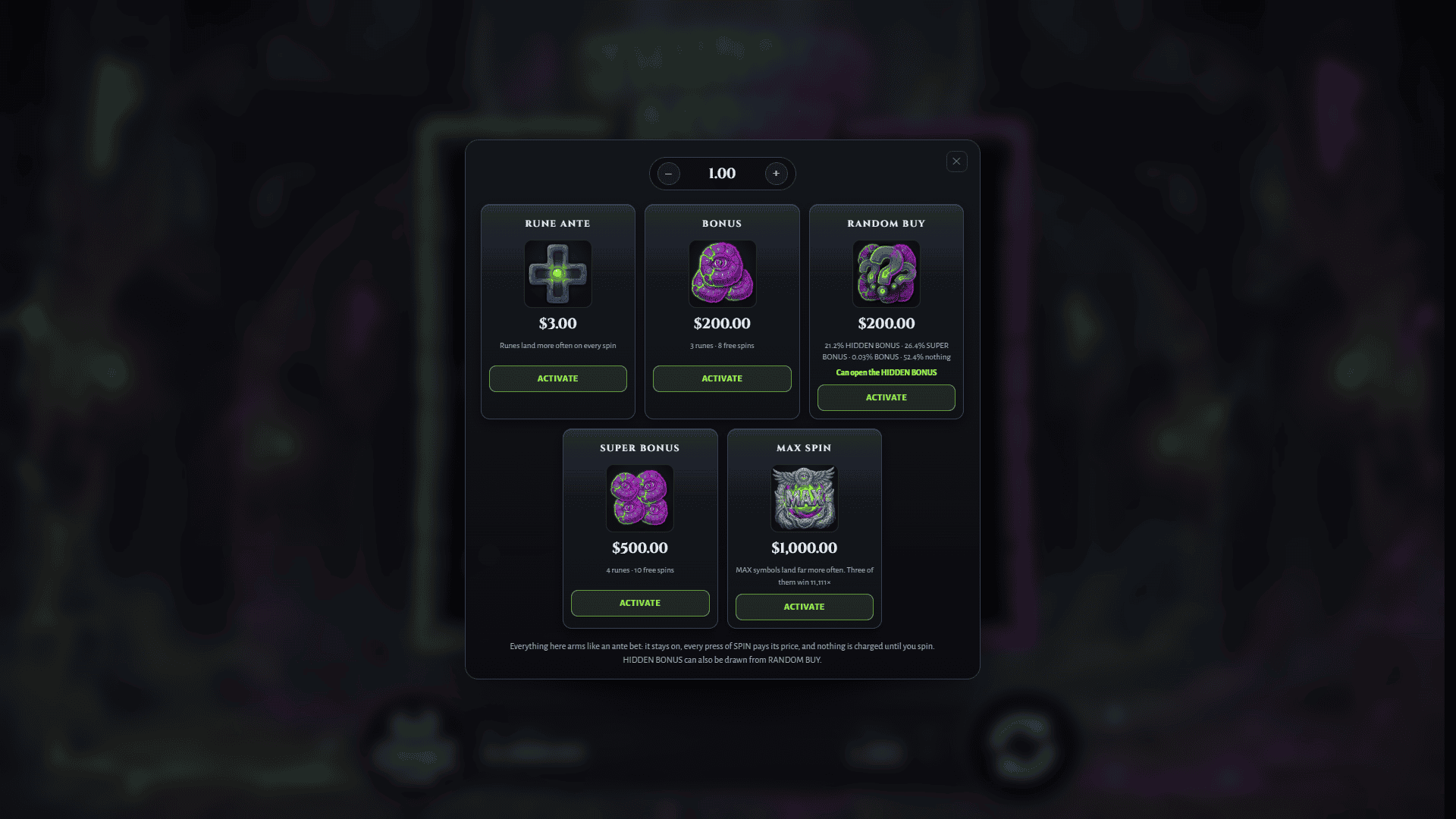Thunder Acorn bonus buy menu