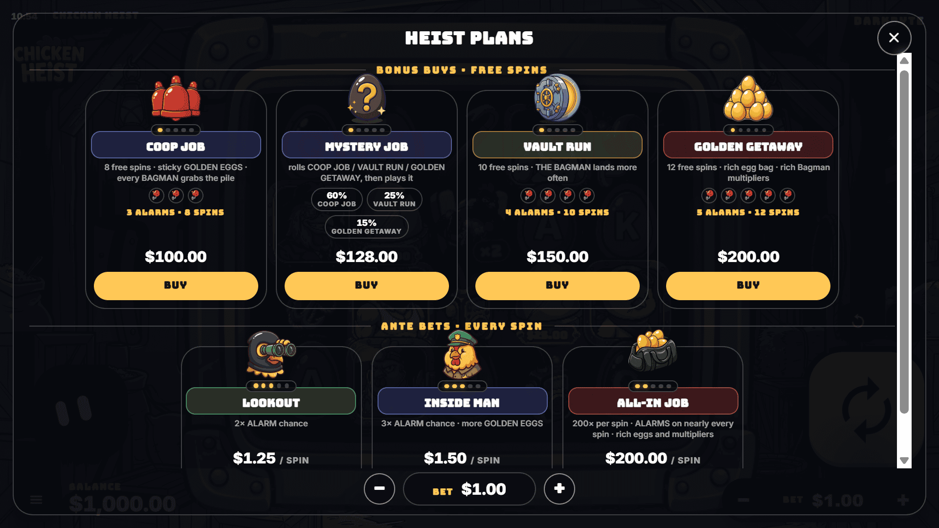 Chicken Heist bonus buy menu