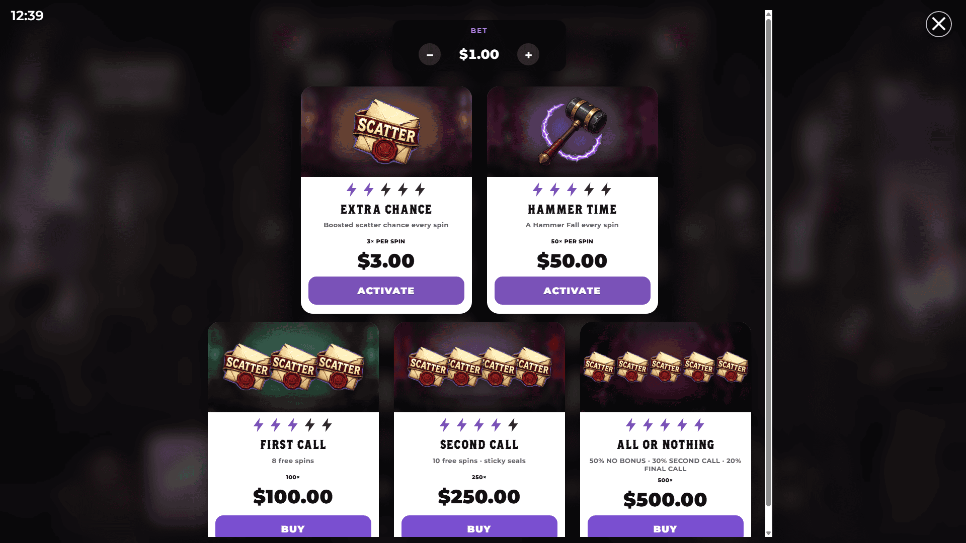 Hammer Down bonus buy menu