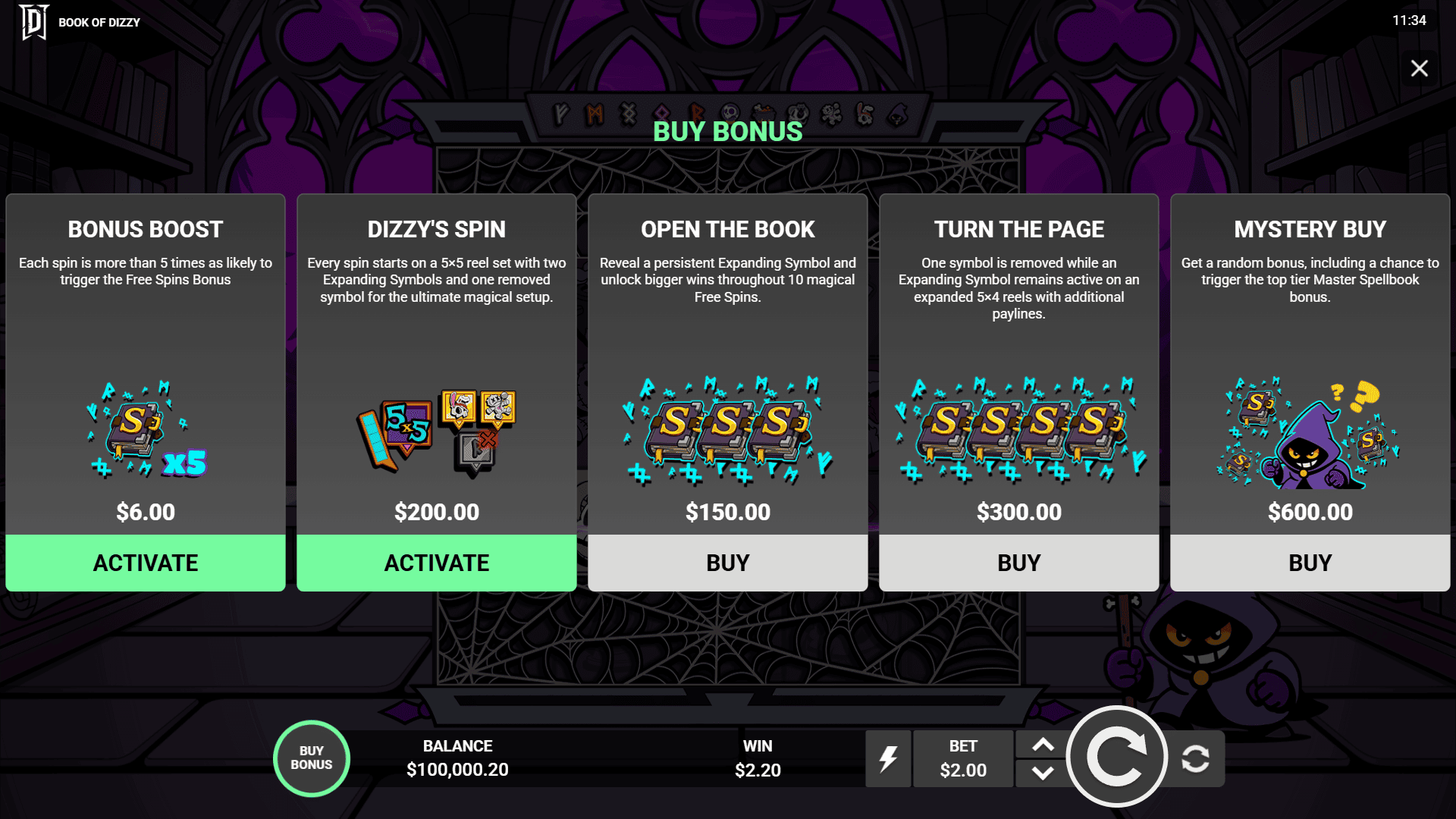 Book of Dizzy bonus buy menu