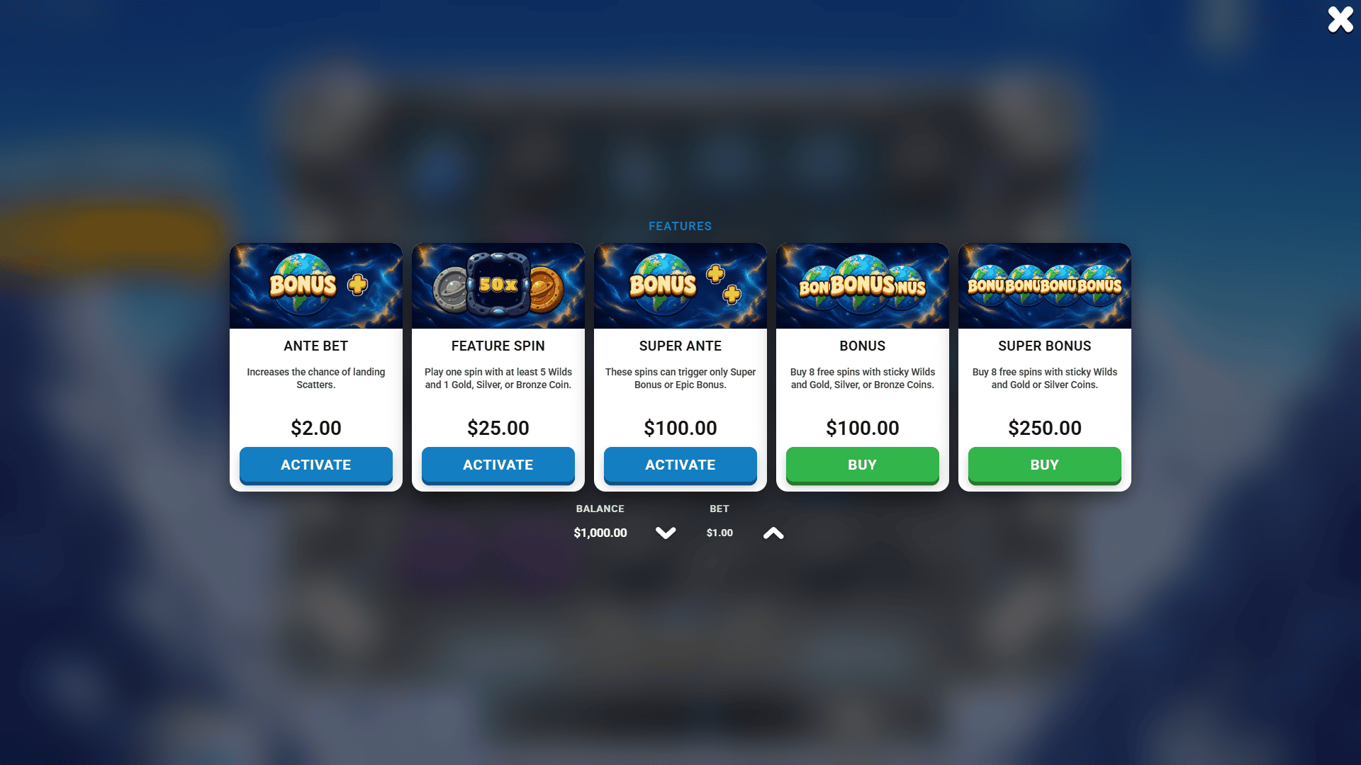 Asteroid Coins bonus buy menu