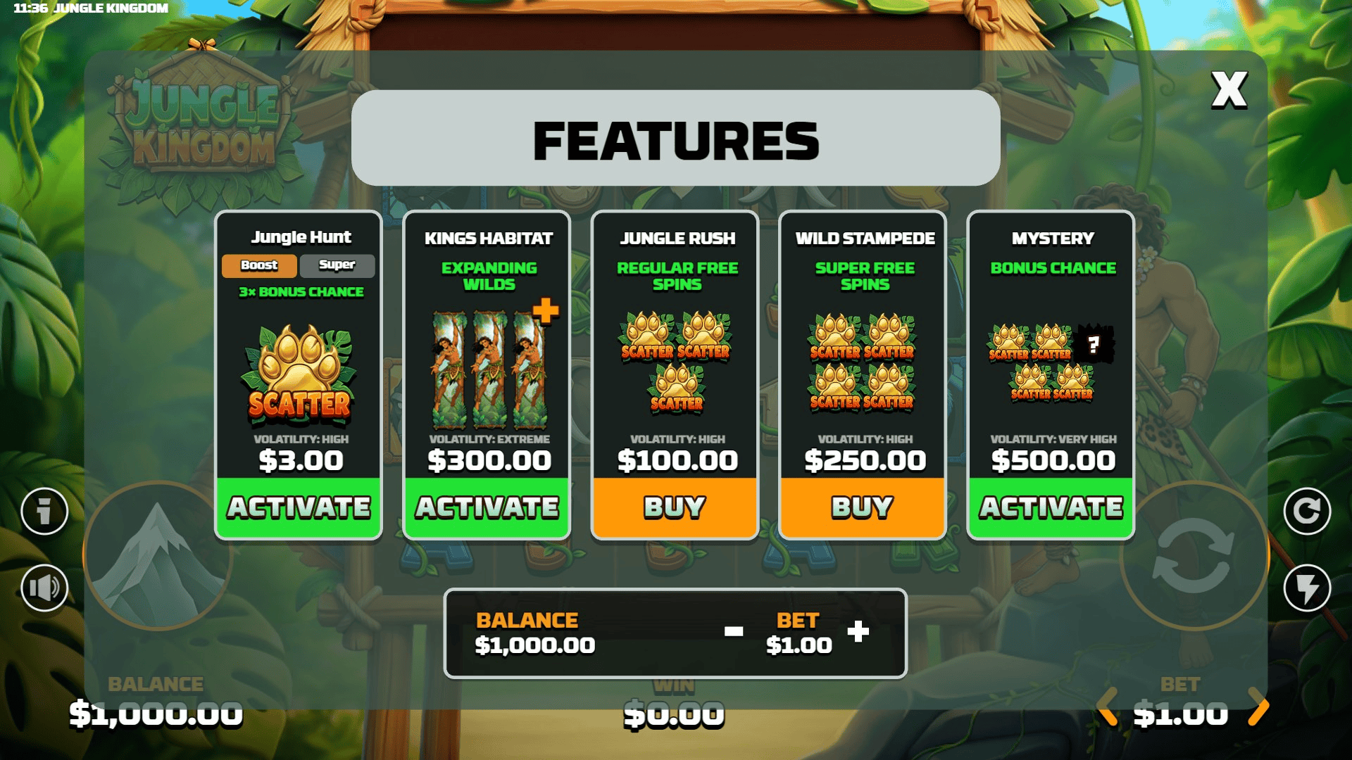 Jungle Kingdom bonus buy menu