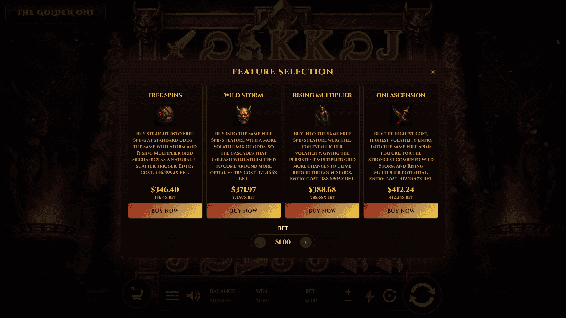 The Golden Oni bonus buy menu