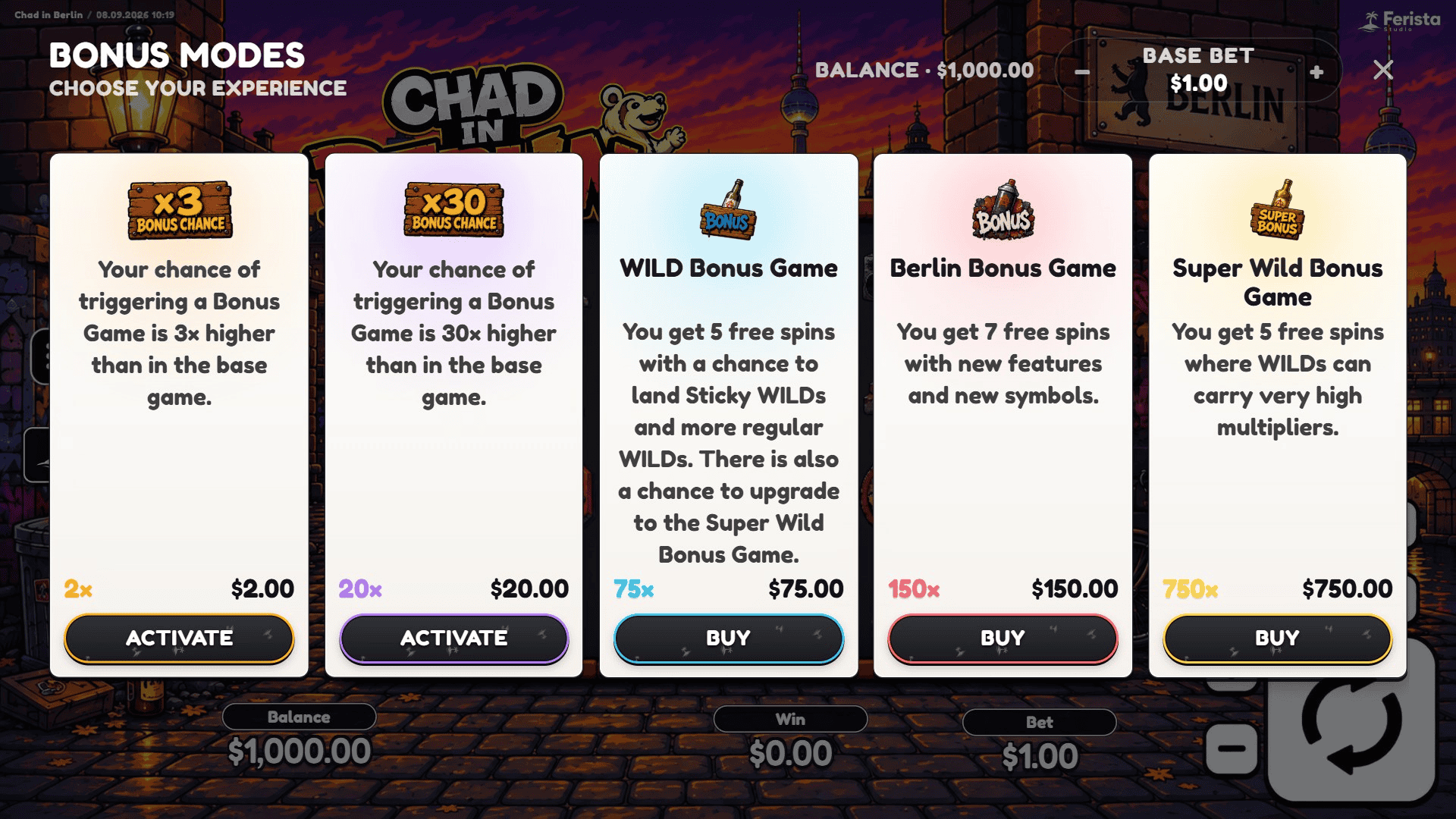 Chad in Berlin bonus buy menu