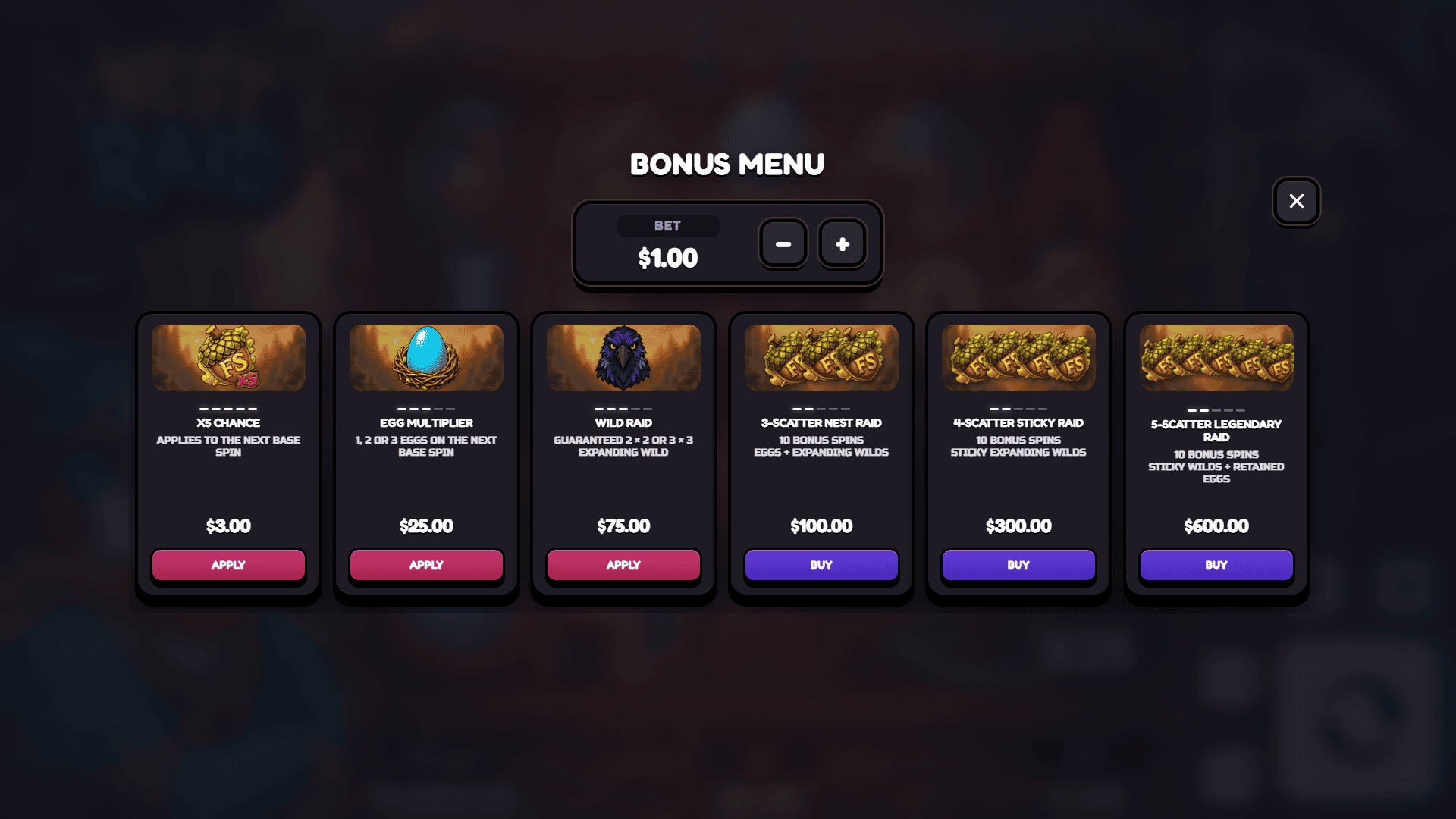 Nest Raid bonus buy menu