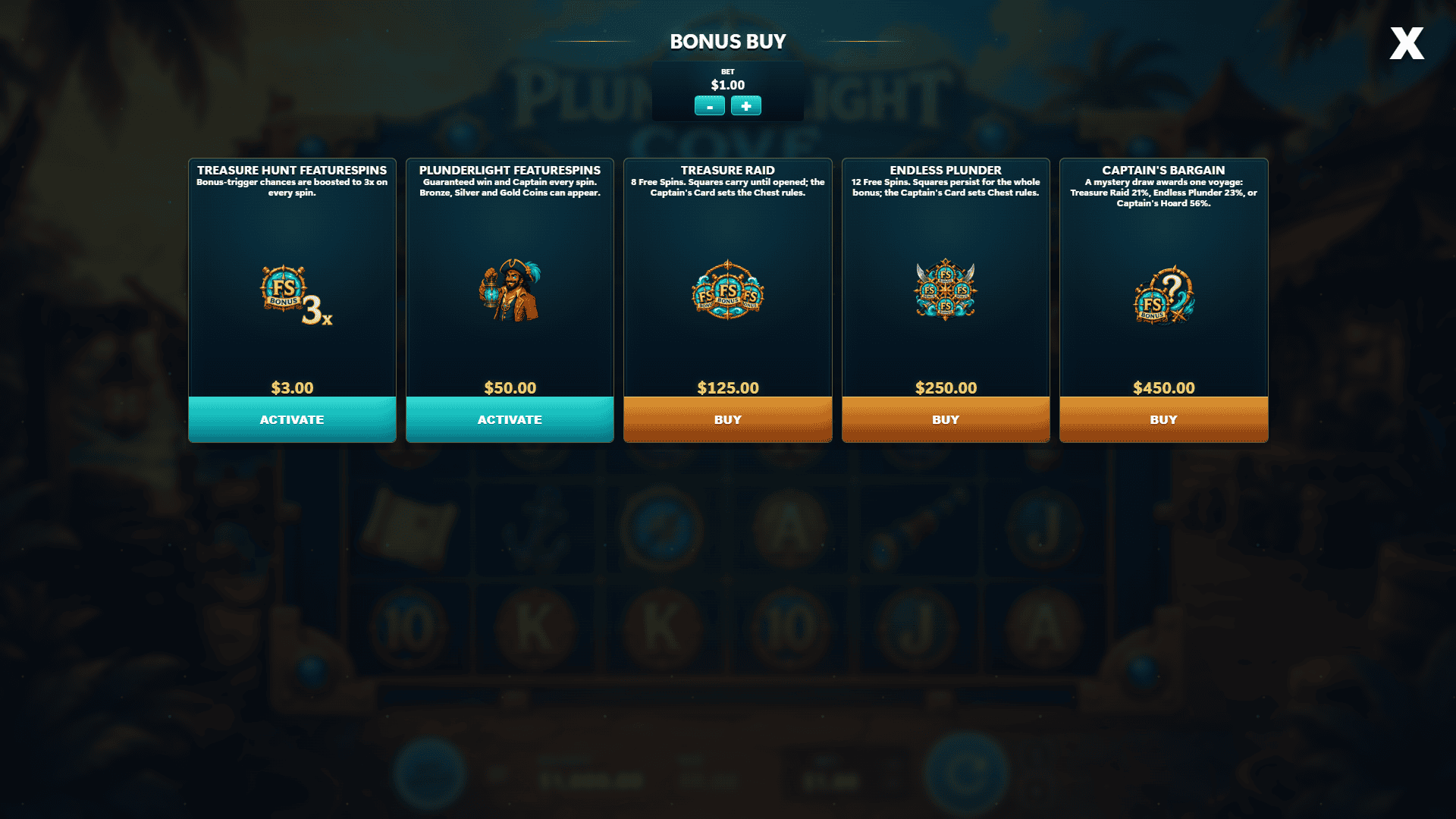 Plunderlight Cove bonus buy menu