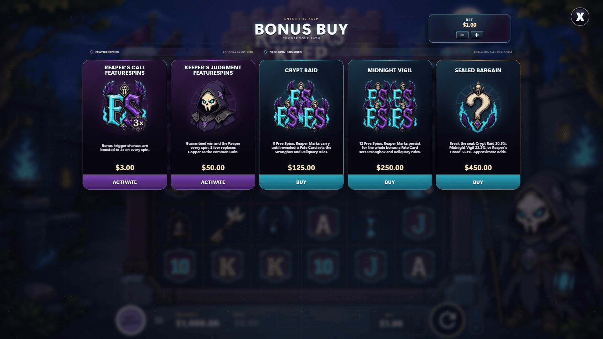 Reaper's Keep bonus buy menu