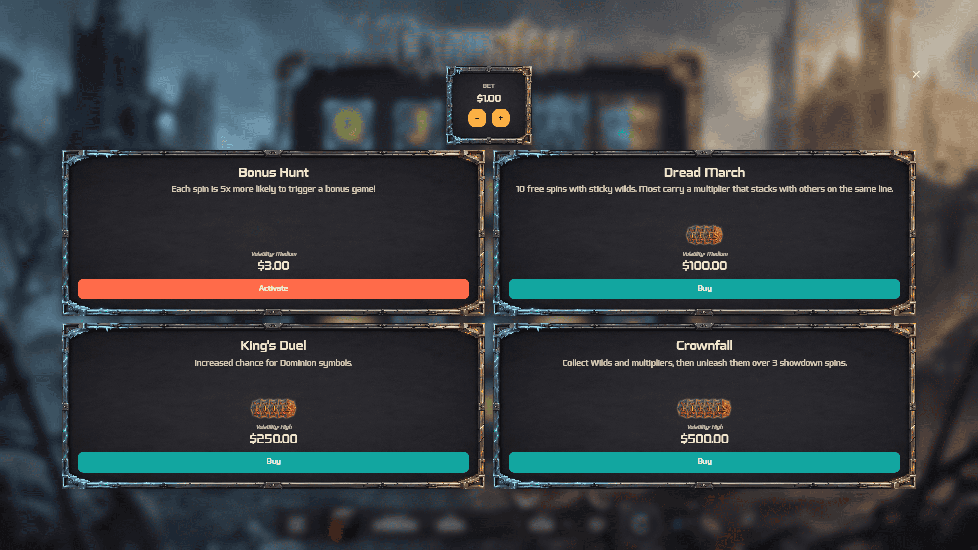 Crownfall bonus buy menu