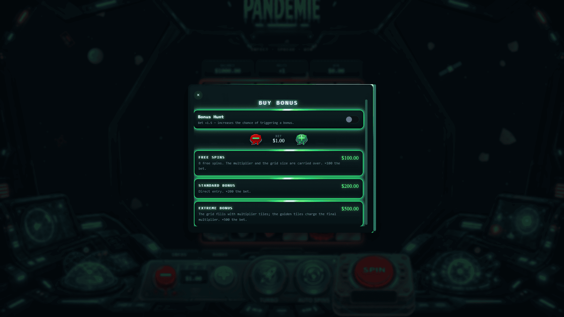 Pandemie bonus buy menu