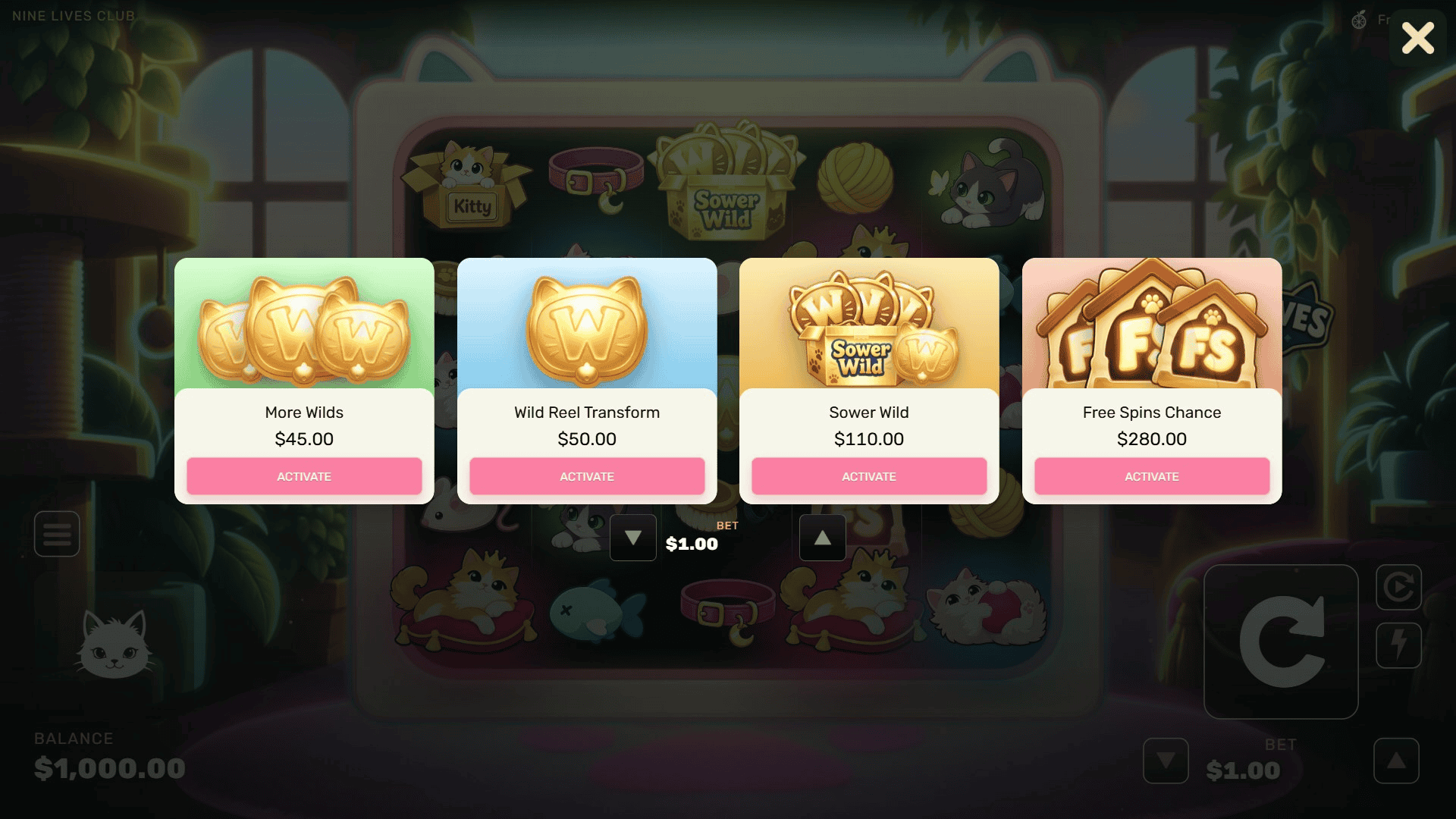 Nine Lives Club bonus buy menu