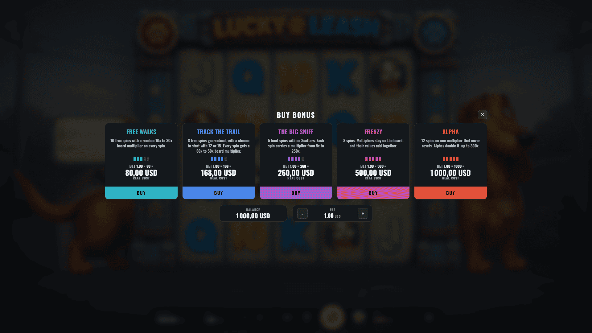 Lucky Leash bonus buy menu