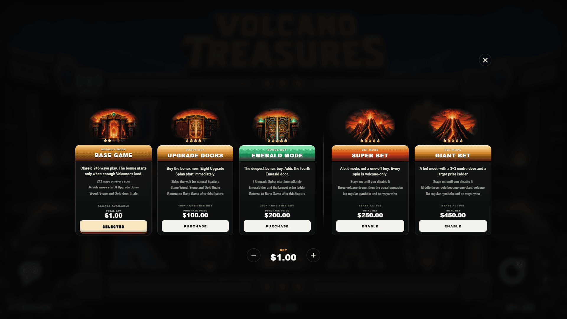 Volcano Treasures bonus buy menu