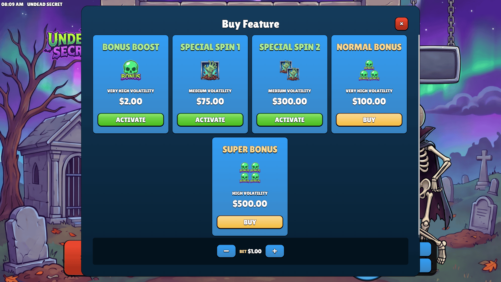 Undead Secret bonus buy menu