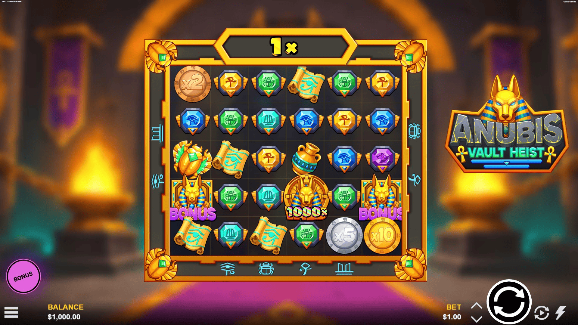 Anubis Vault Heist slot gameplay reels