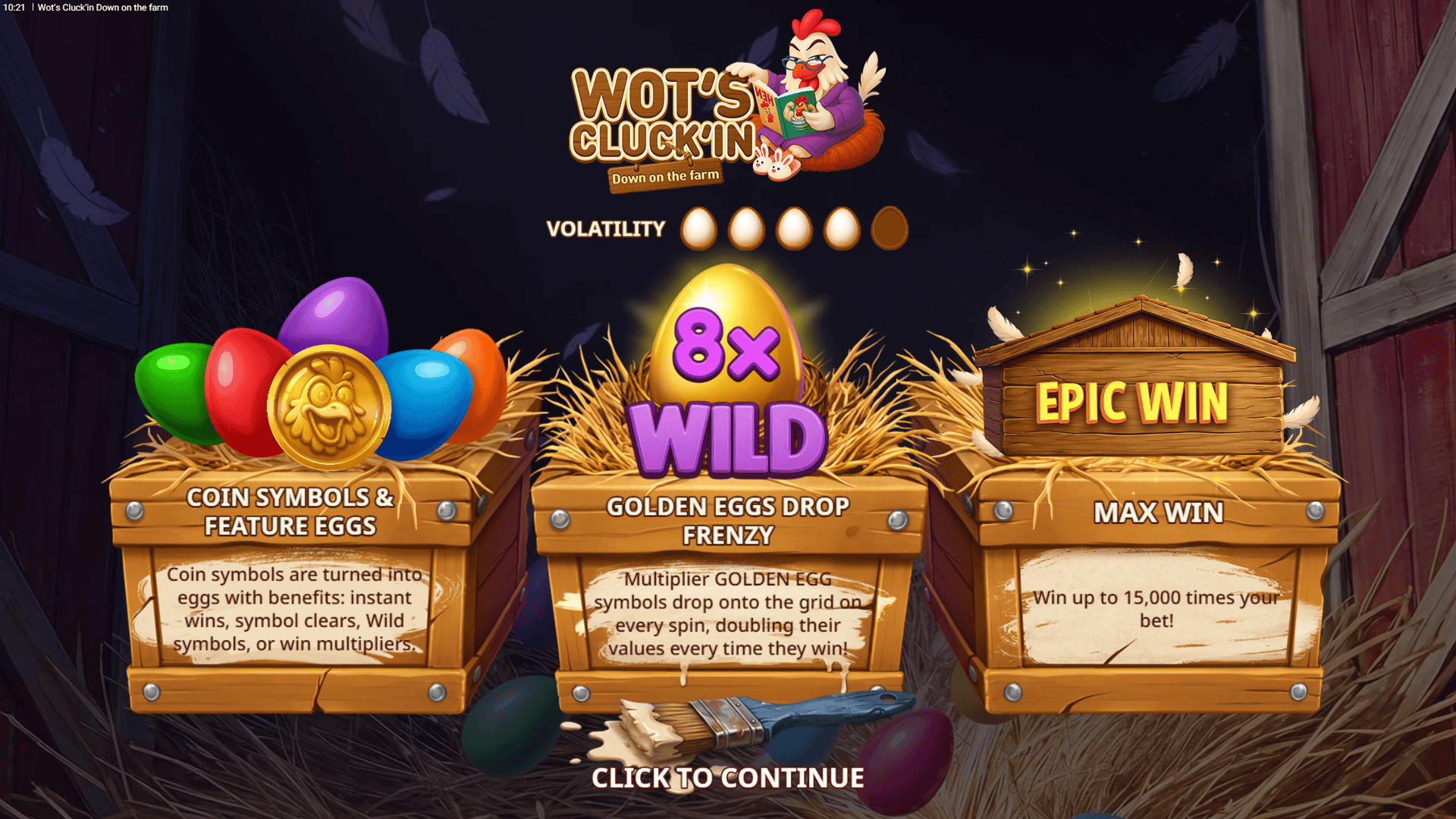 Wot&rsquo;s Cluck&rsquo;in Down on the farm slot intro screen