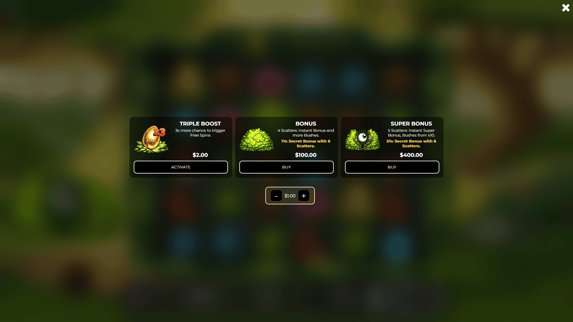 Golden Mystery Bush bonus buy menu