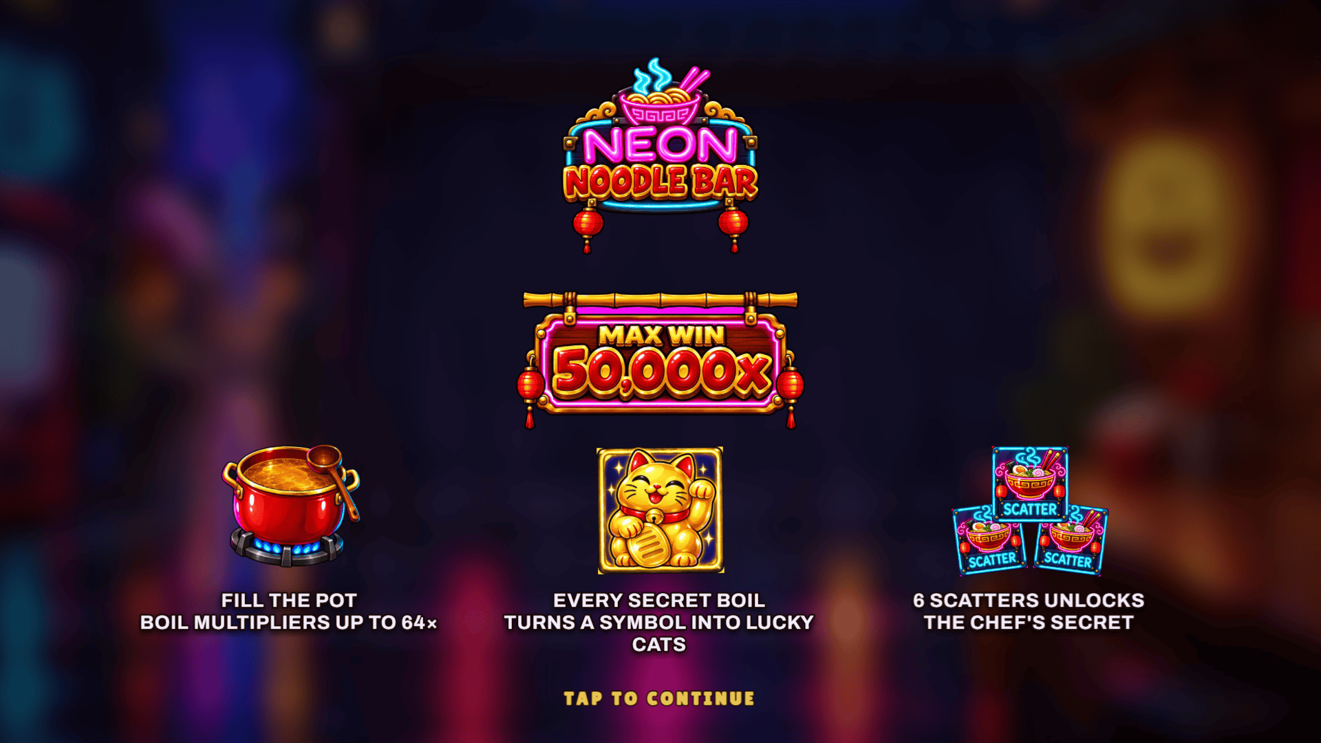 Neon Noodle Bar slot intro screen