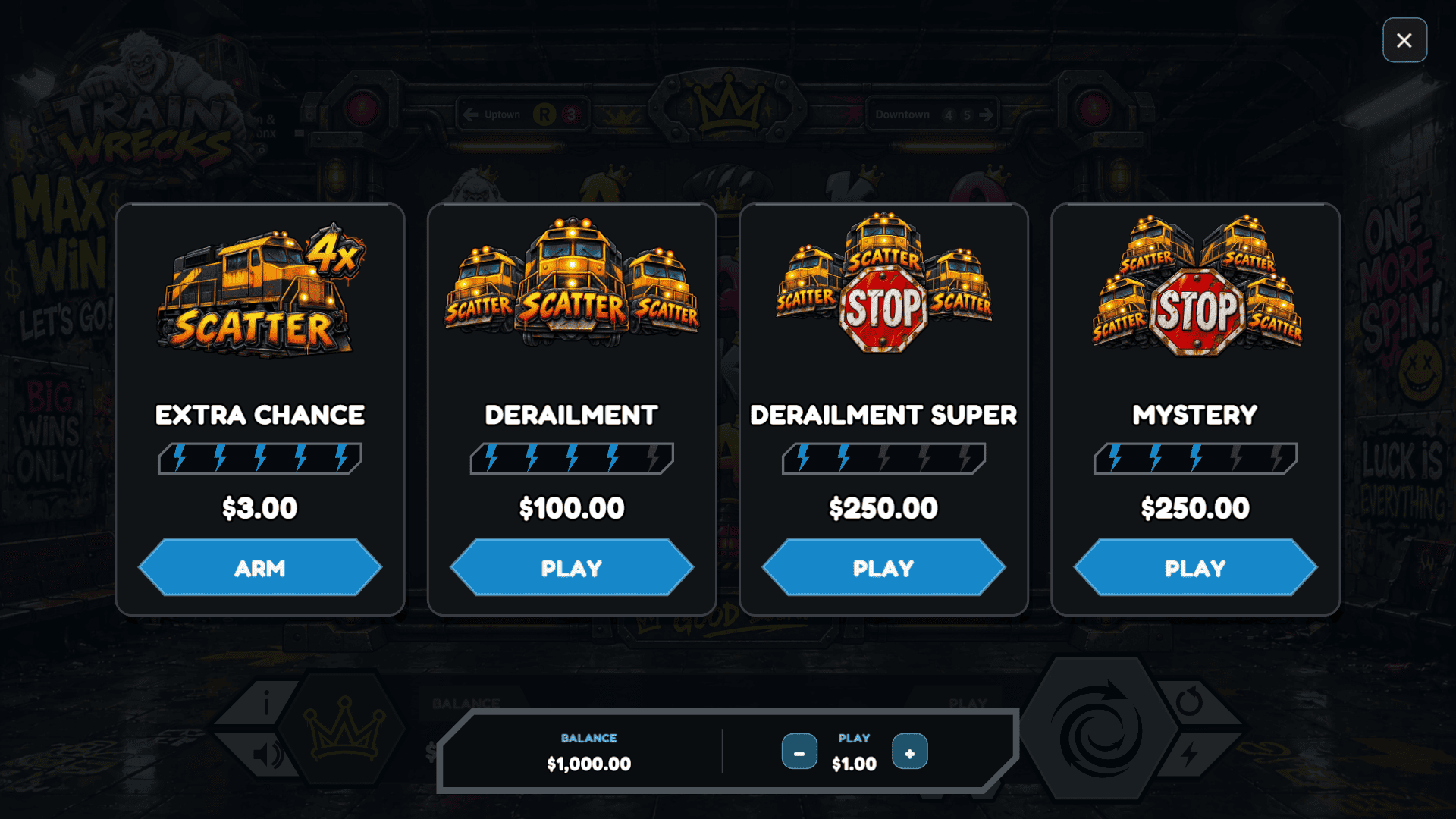 Train Wrecks bonus buy menu