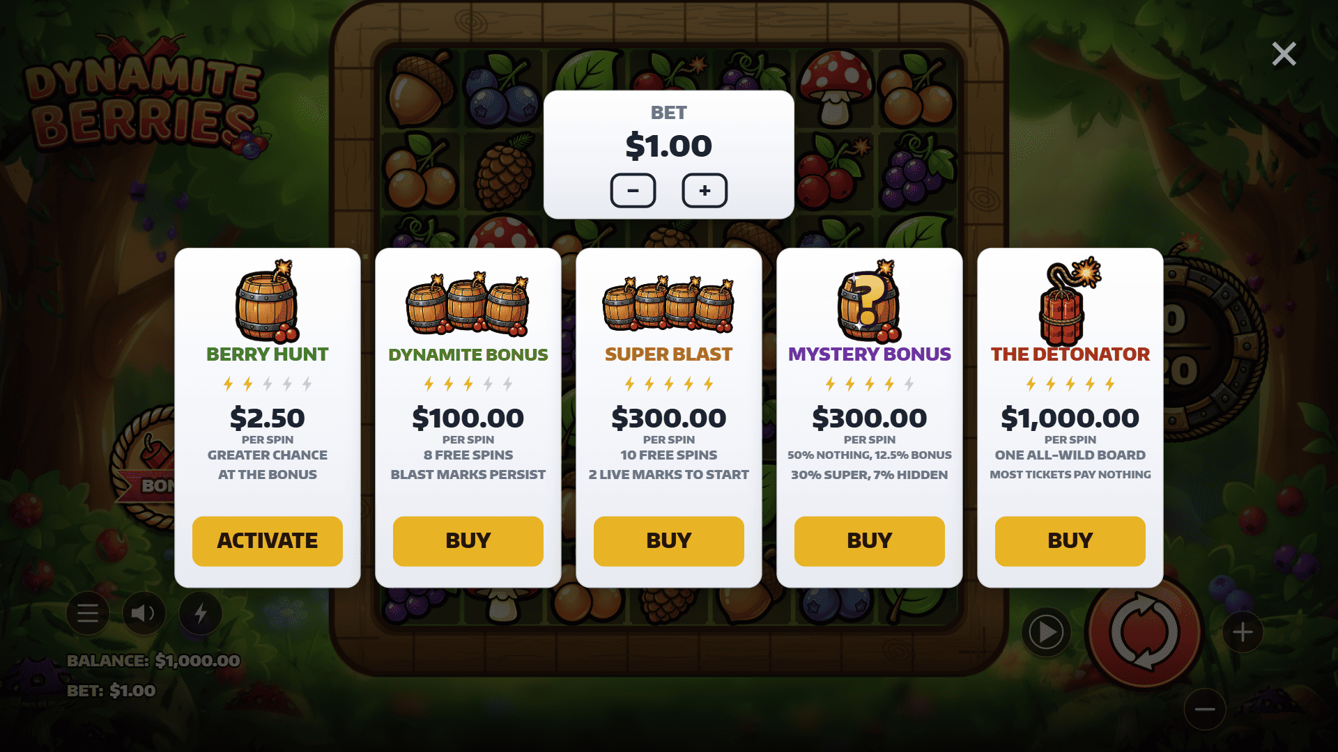 Dynamite Berries bonus buy menu
