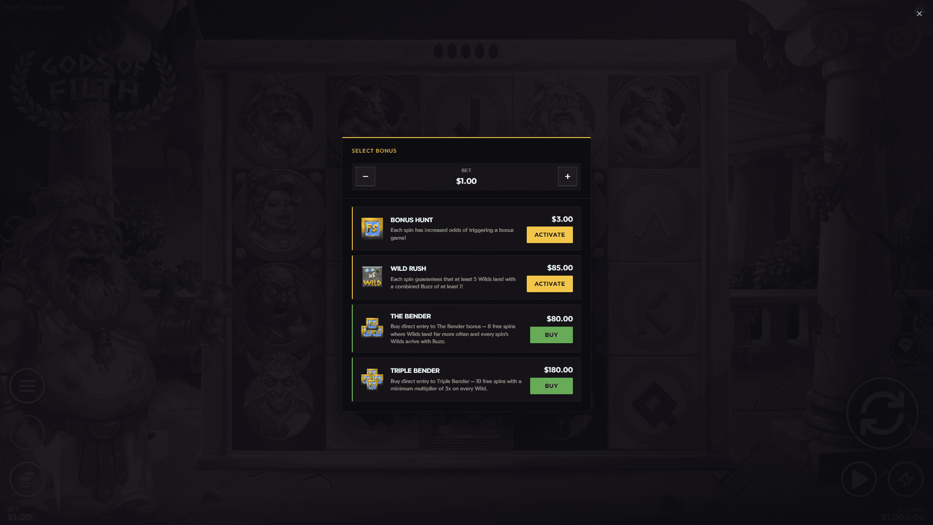 Gods of Filth bonus buy menu