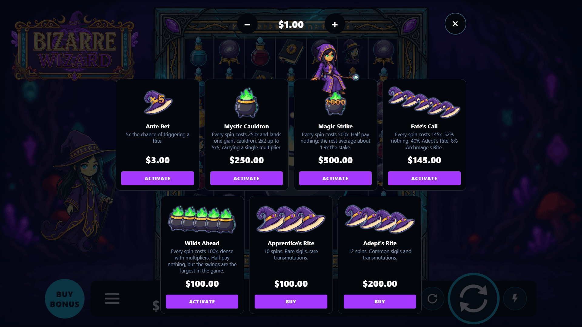 Bizarre Wizard bonus buy menu