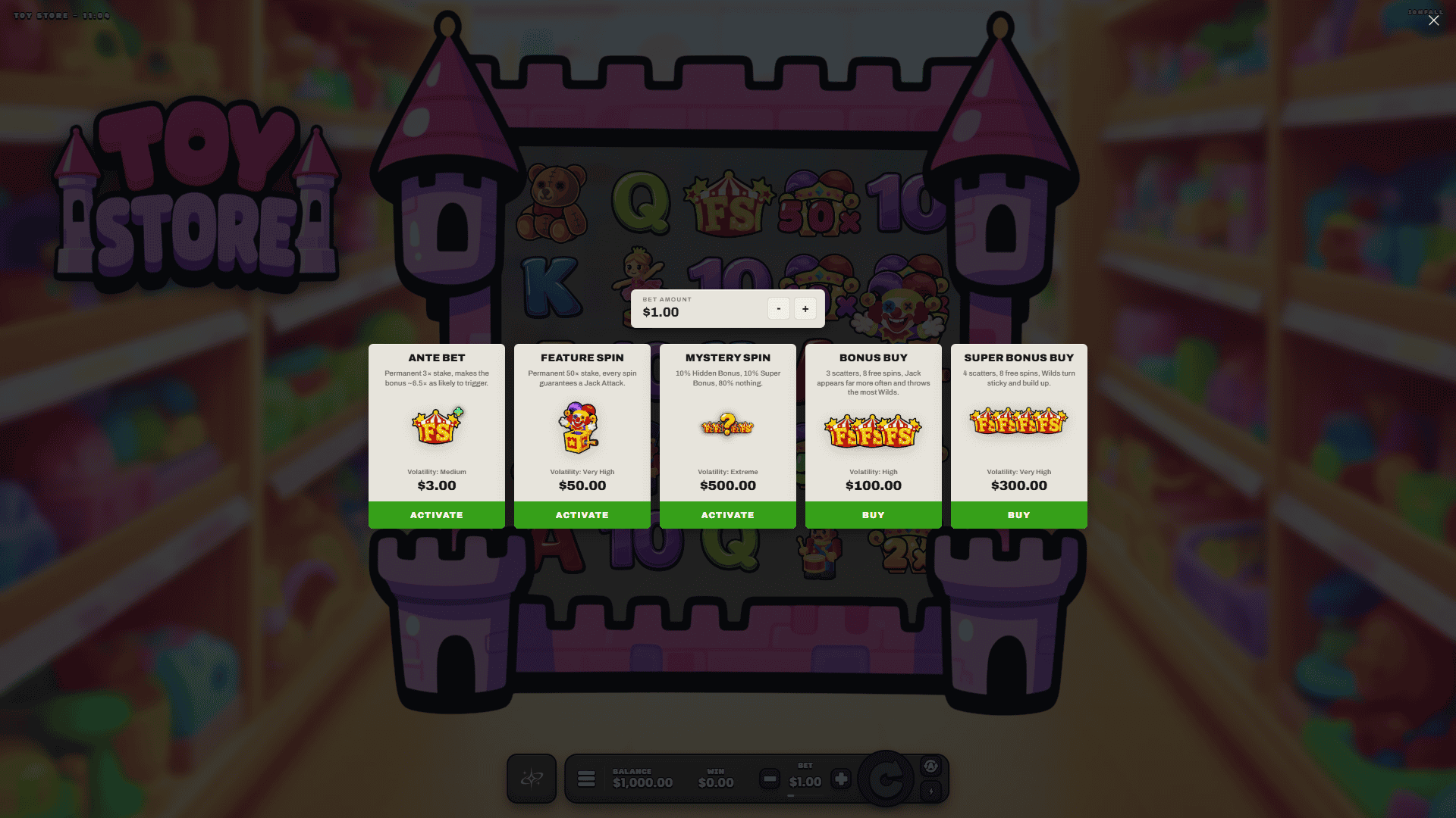 Toy Store bonus buy menu