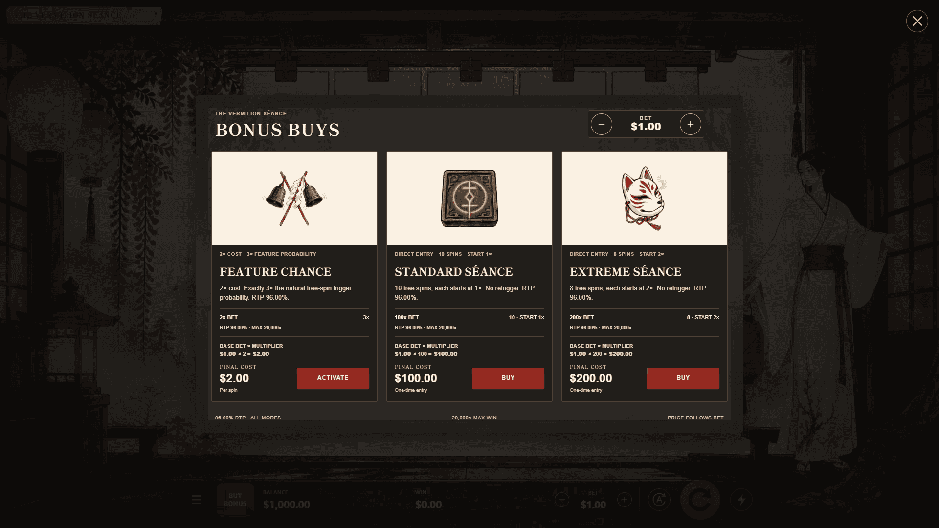 The Vermilion Seance bonus buy menu