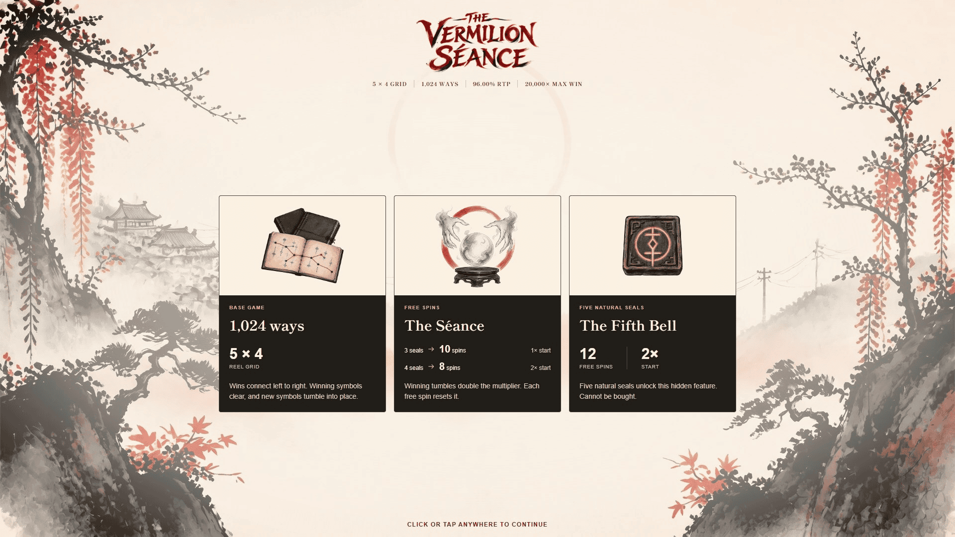 The Vermilion Seance slot intro screen
