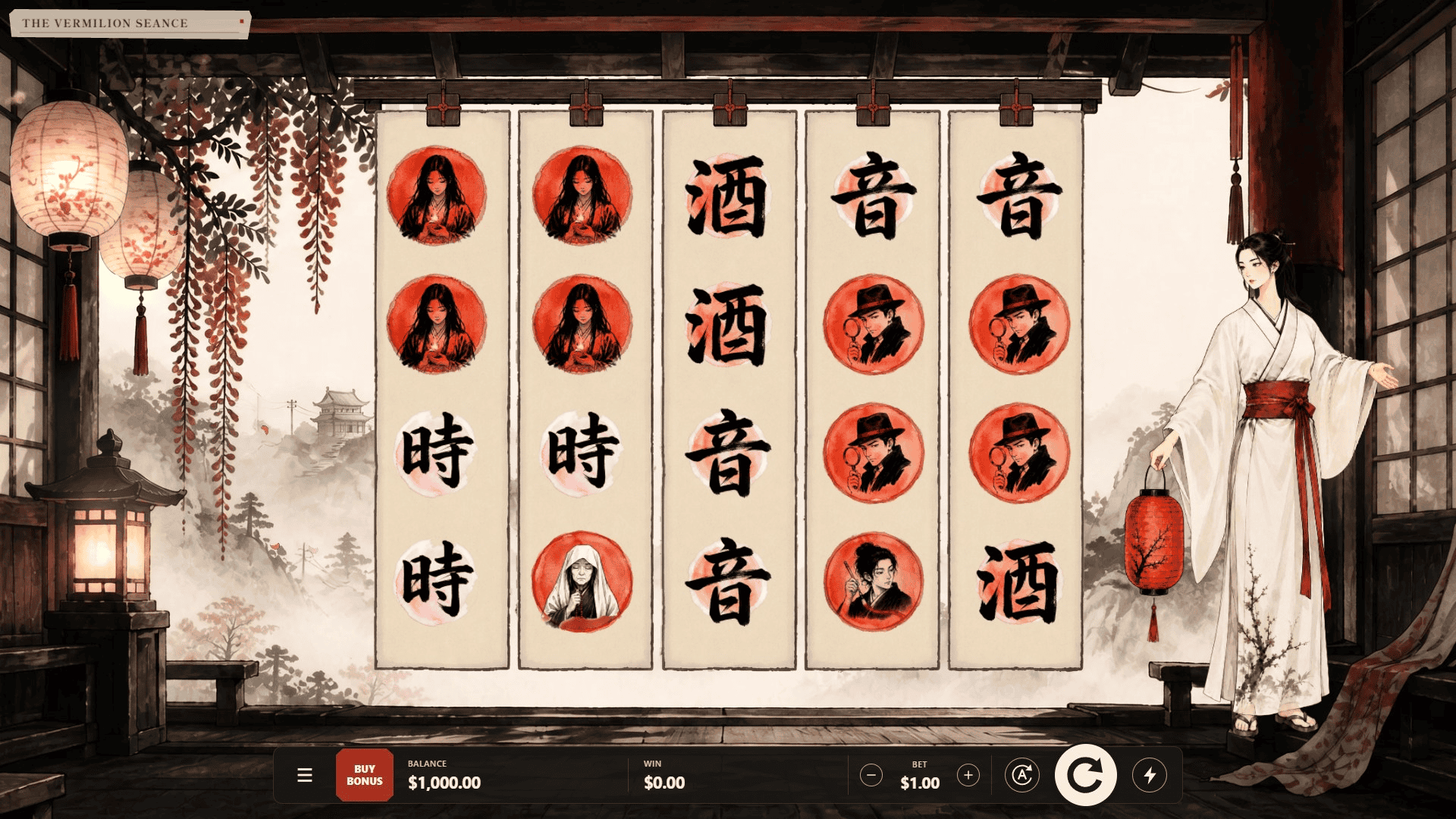 The Vermilion Seance slot gameplay reels