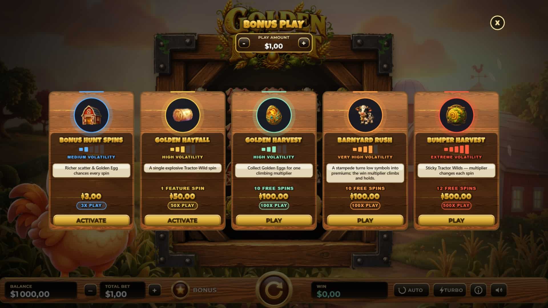 Golden Roost bonus buy menu