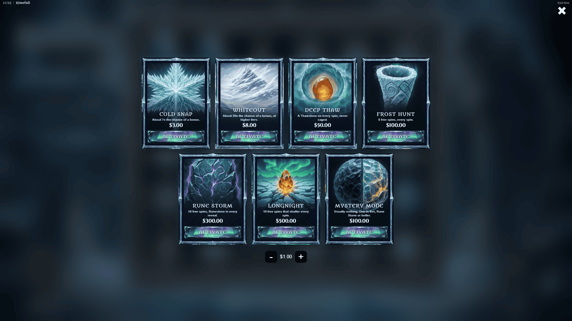 Rimefall bonus buy menu