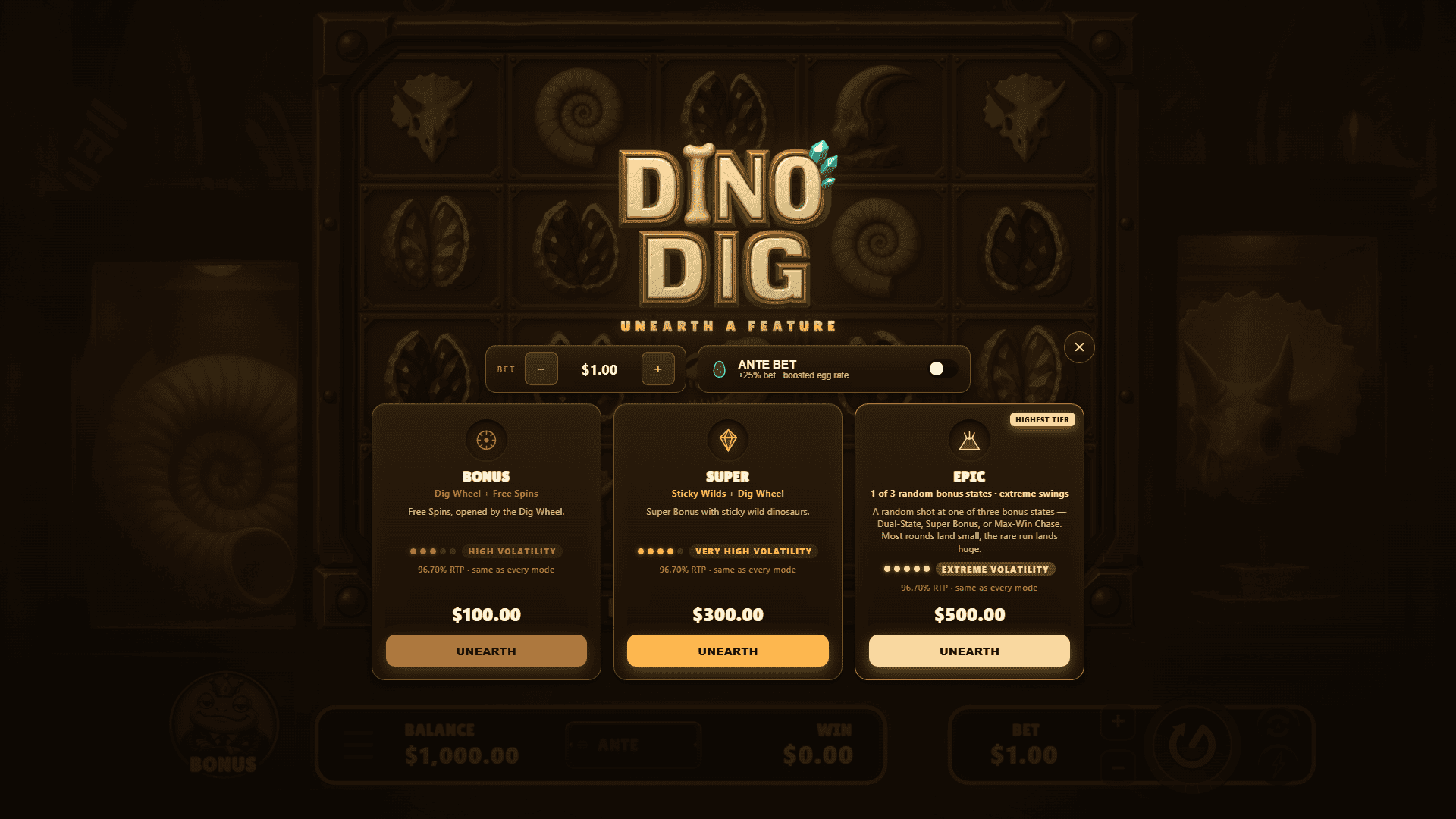 Dino Dig bonus buy menu