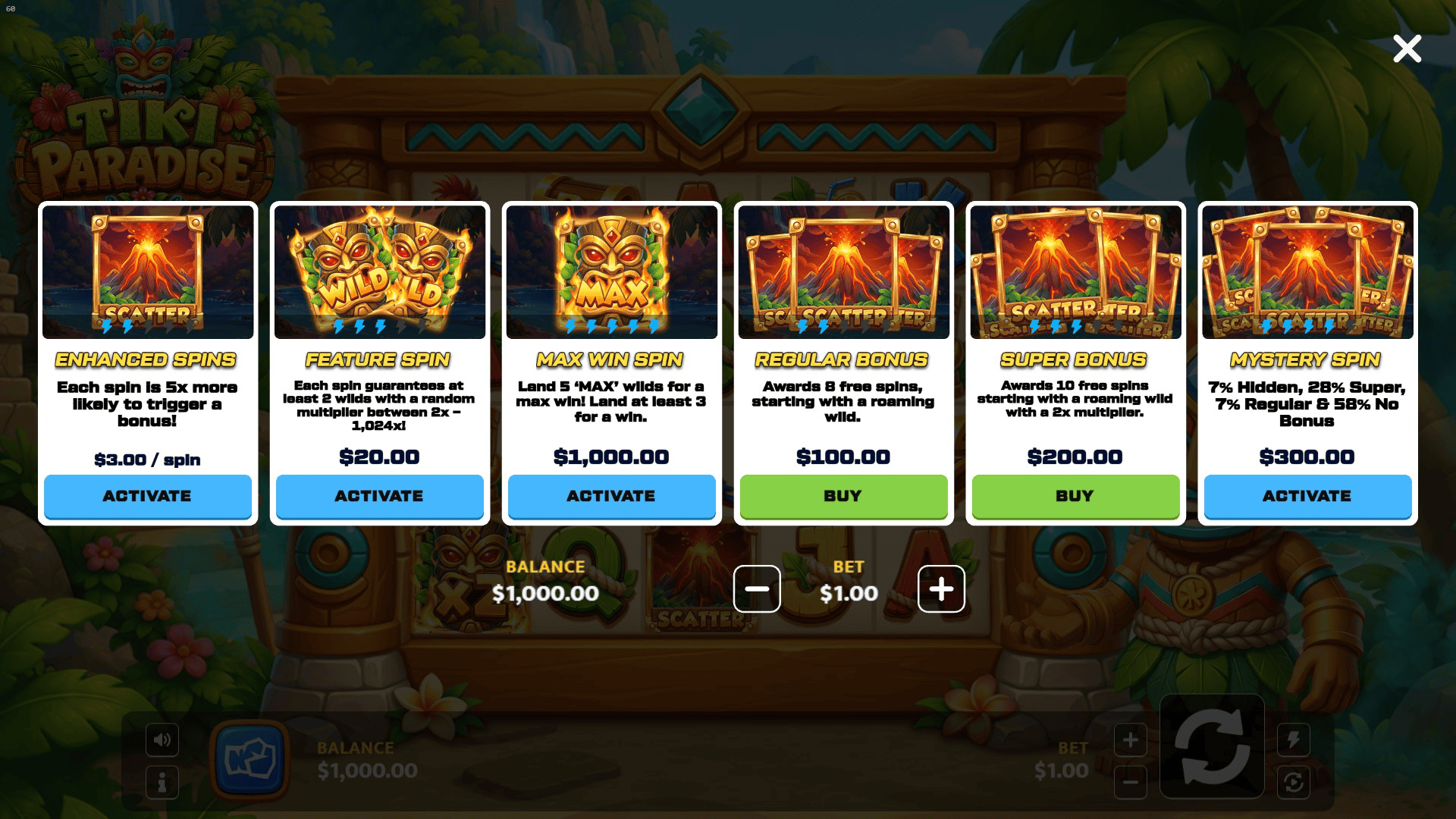 Tiki Paradise bonus buy menu