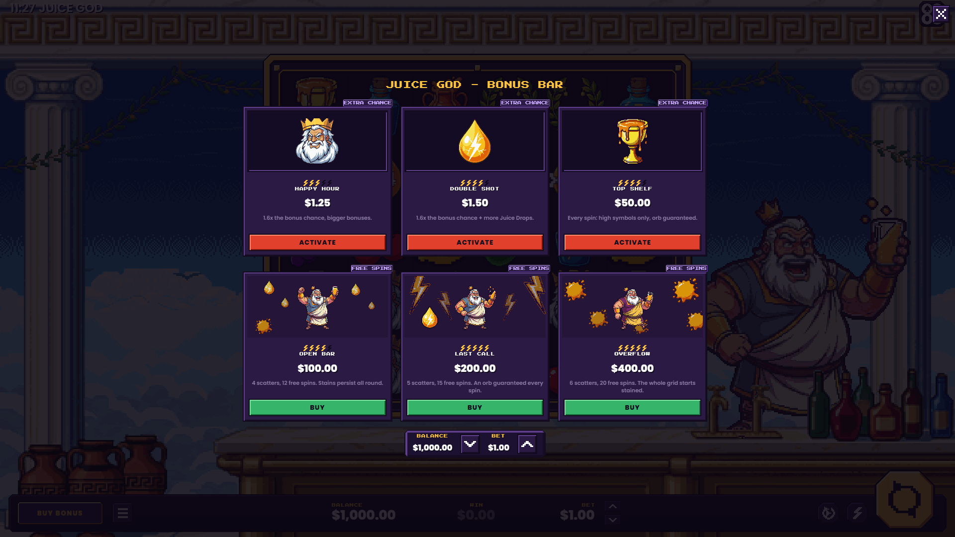 Juice God bonus buy menu