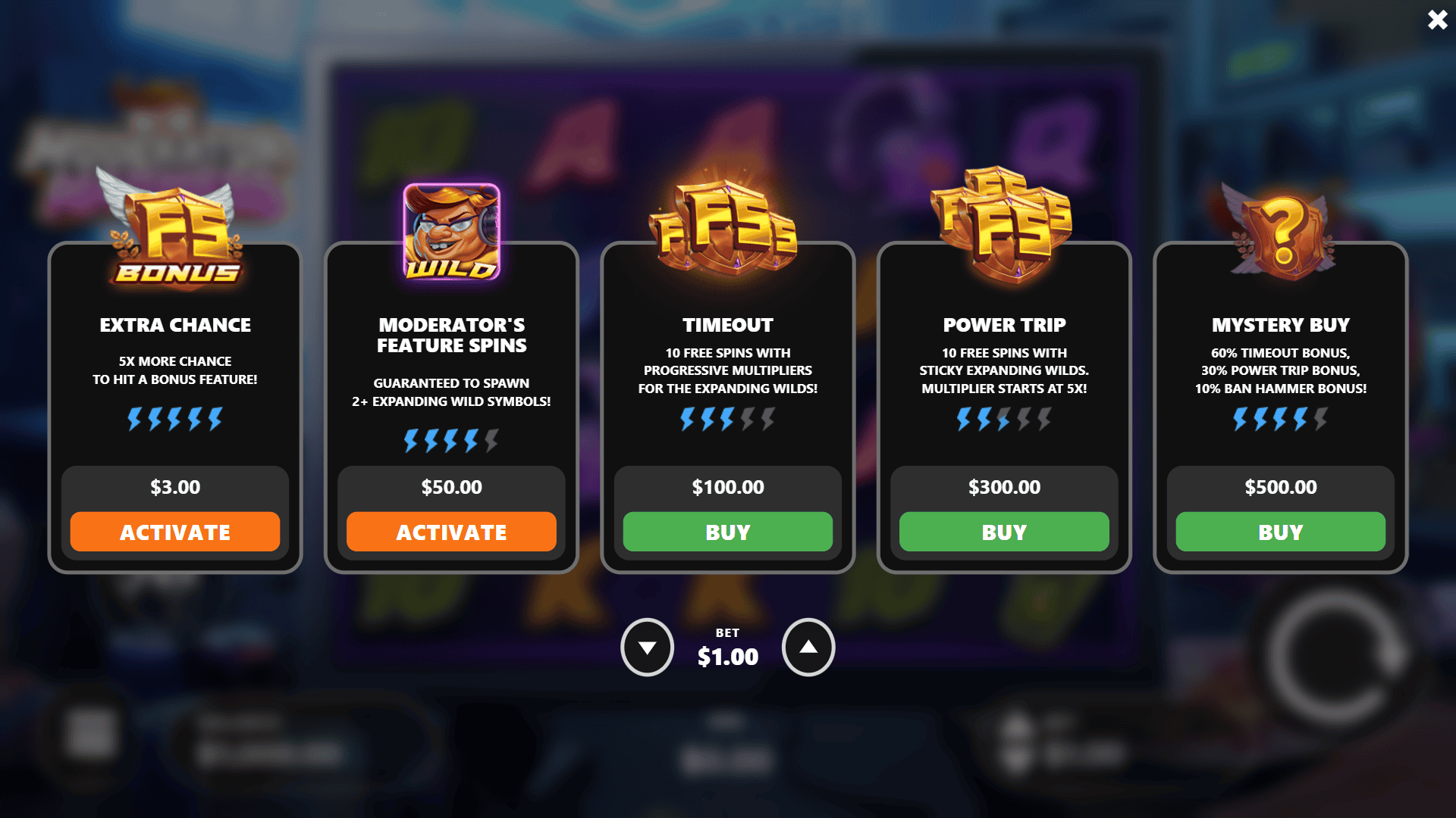 Moderator Madness bonus buy menu