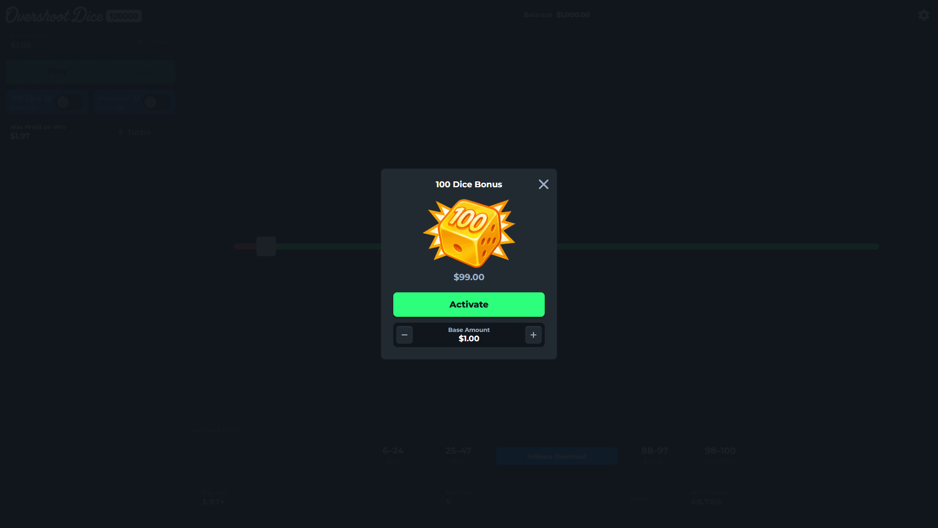 Overshoot Dice 100000 bonus buy menu