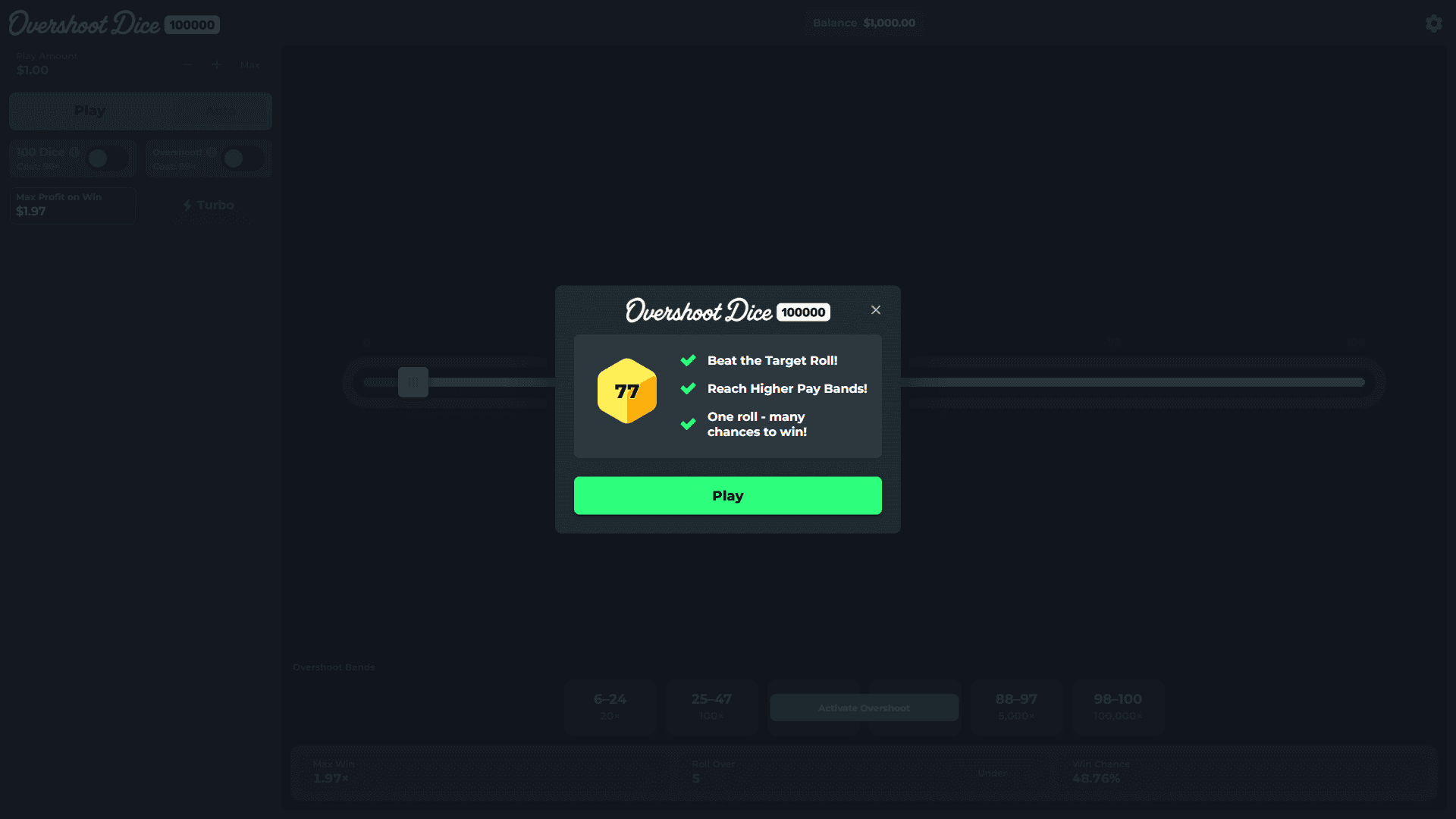 Overshoot Dice 100000 slot intro screen