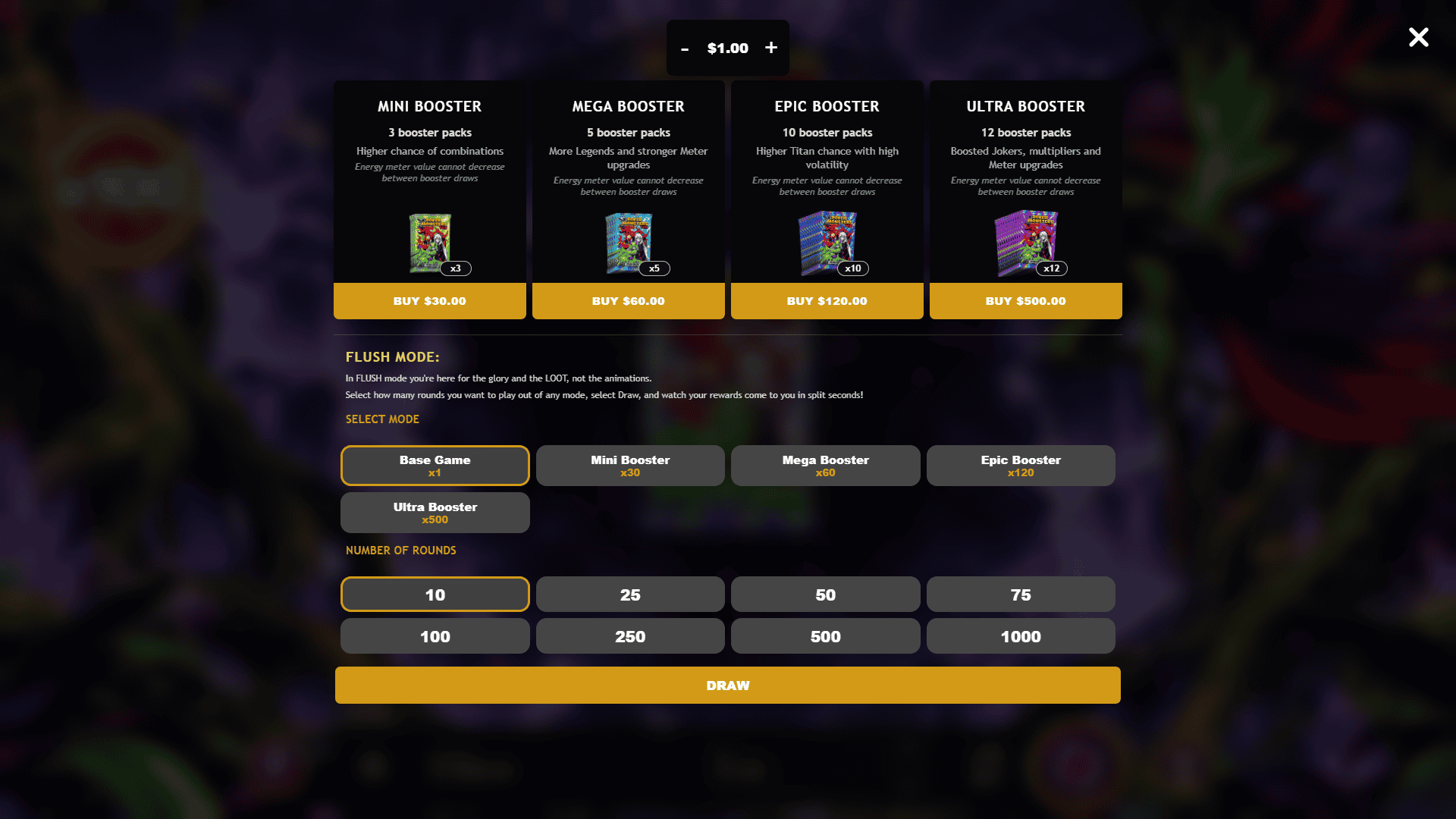 Poker Monsters TCG bonus buy menu