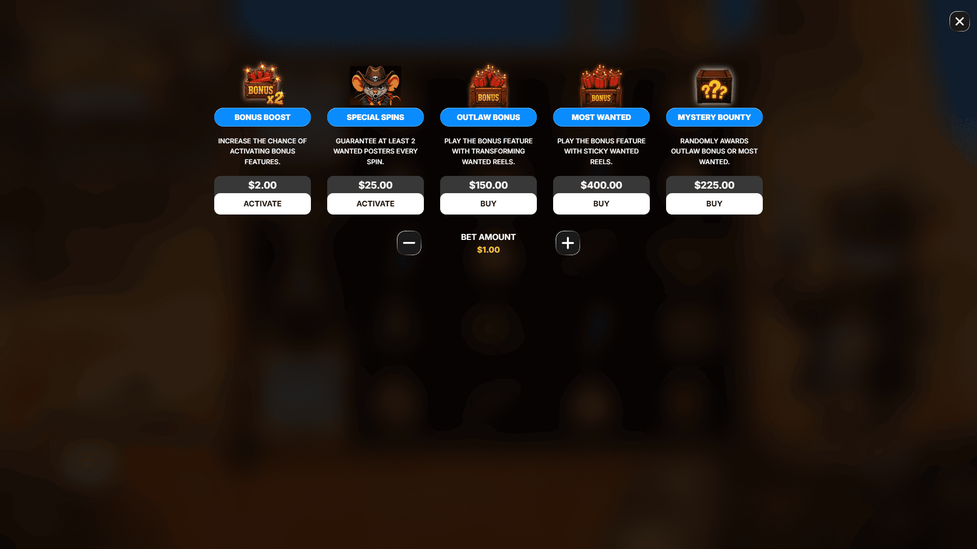 Outlaw Mouse bonus buy menu