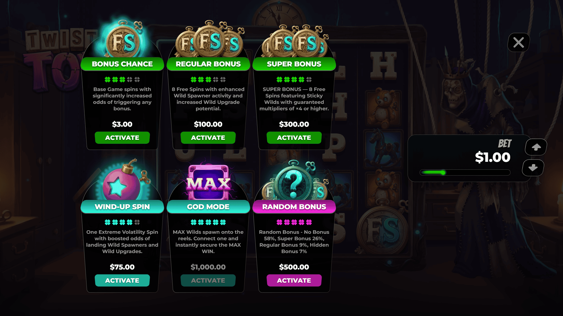 Twisted Toys bonus buy menu