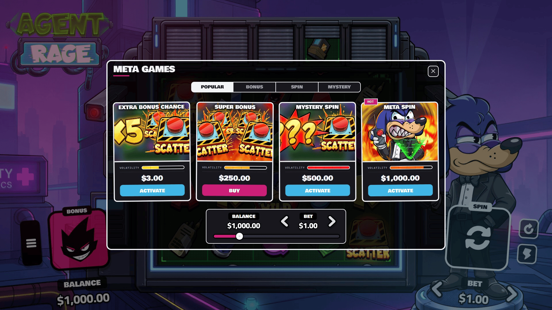 Agent Rage bonus buy menu