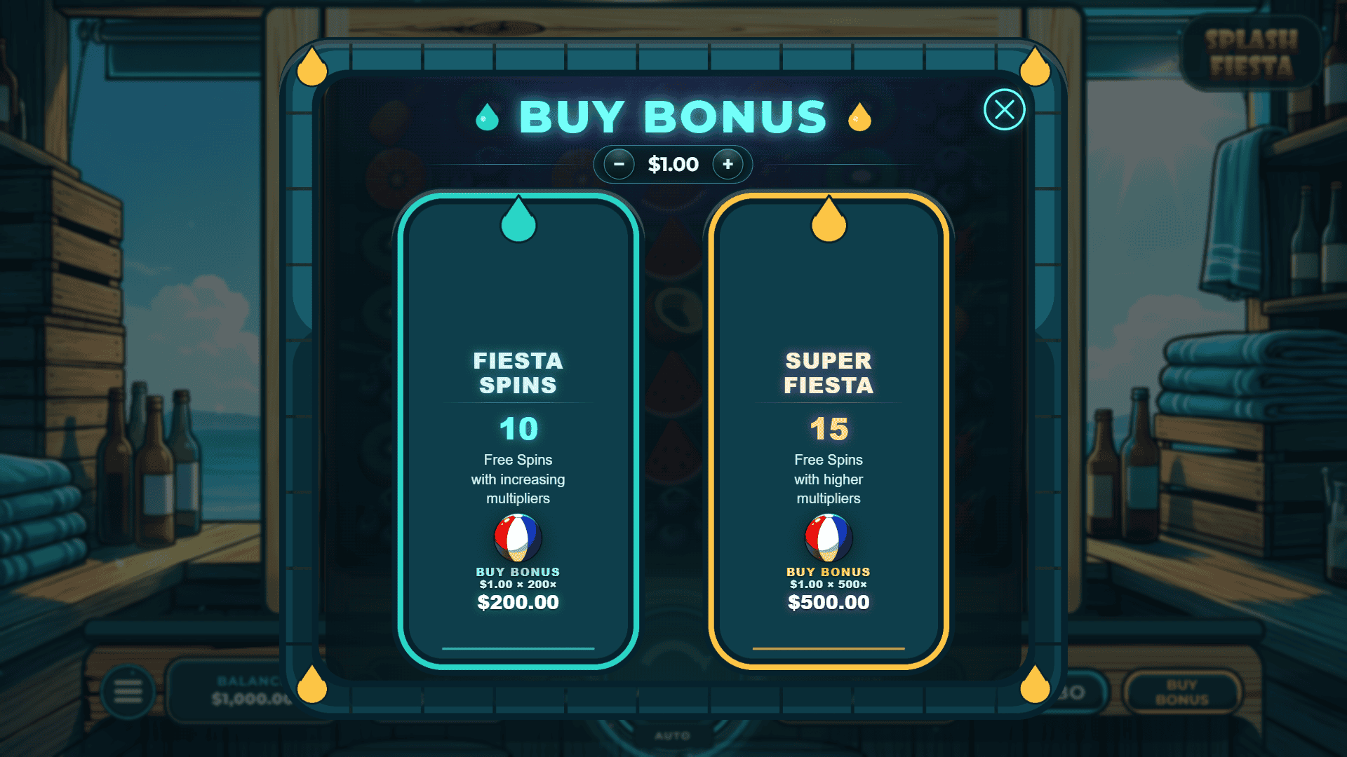 Splash Fiesta Cluster Pays bonus buy menu