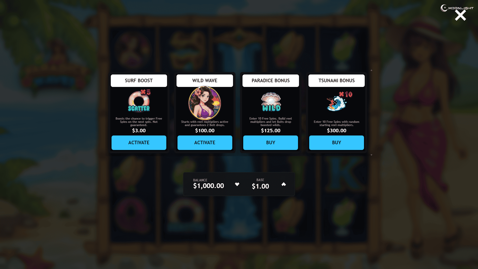Paradice Waves bonus buy menu